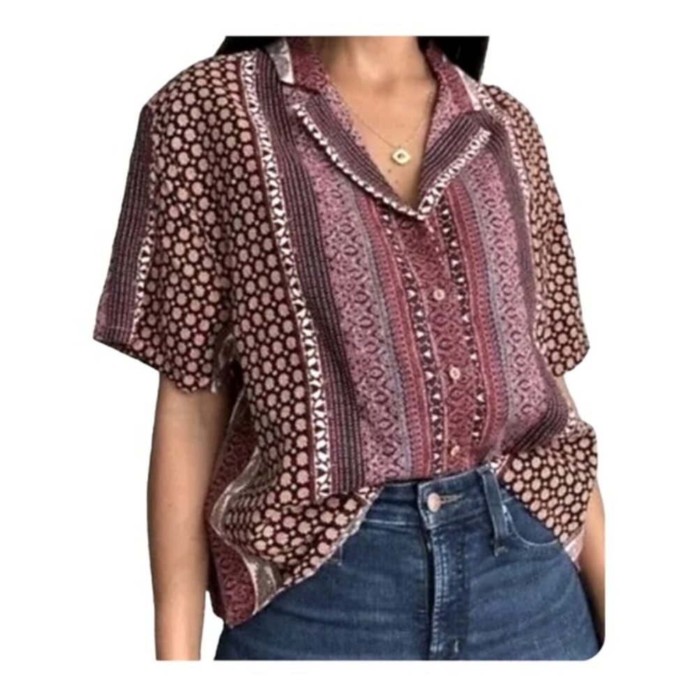 Rachel Zoe Linen Aztec Tribal Print Crop Top Blouse Button‎ Front Size M